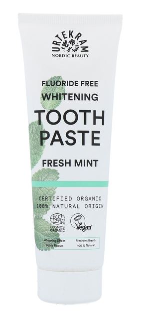 Urtekram Whitening tandpasta Fresh Mint tube 75ml - biologische fluoridevrije whitening tandpasta met wilgenberkextract en natuurlijke muntsmaak